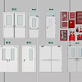 Various White Doors And Red Fire Safety Equipment With Exit Signs