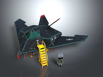 Military Stealth Aircraft Model With Yellow Ladder Black Body And Small Helmeted Figure 3d model
