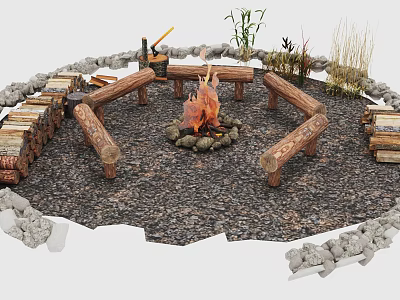 Scenic Campsite With Bonfire Wooden Benches Stone Circle Gravel Ground And Wood Logs 3d model