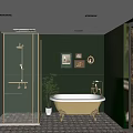Elegant Dark Green Bathroom Interior With Round Mirror Double Vanity And Plant Patterned Tiles