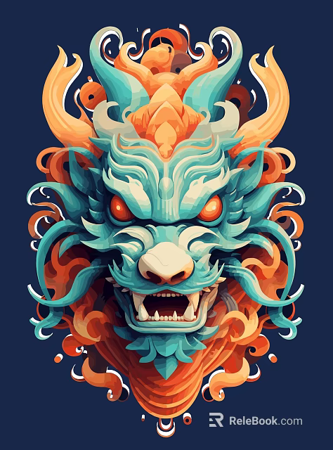 Intricate Dragon Head Sculpture With Blue And Orange Artistic Carving Details 3d model 