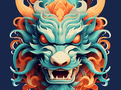Intricate Dragon Head Sculpture With Blue And Orange Artistic Carving Details 3d model
