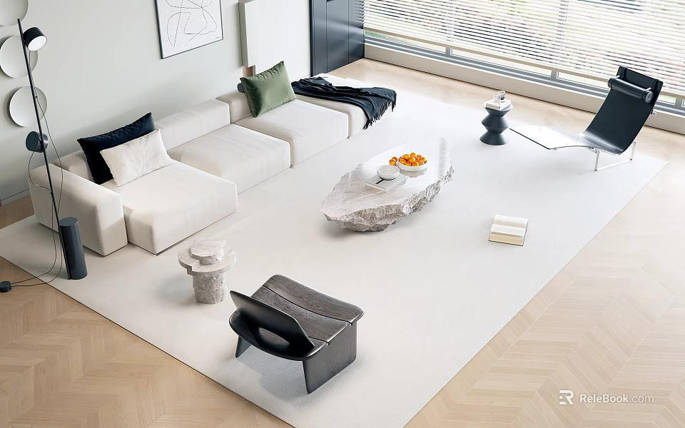 Modern Living Room Sofa Coffee Table Combination With White Upholstery Marble Top And Decorative Pillows 3d model 