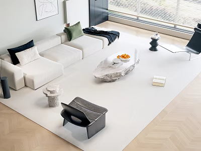 Modern Living Room Sofa Coffee Table Combination With White Upholstery Marble Top And Decorative Pillows 3d model