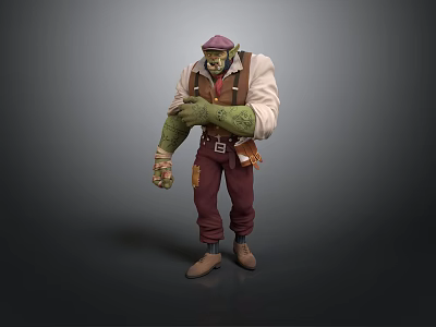 3D Fantasy Character Model Green Skinned Creature With White Shirt Red Pants Hat Tool Belt 3d model