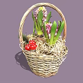 Wicker Basket With Hyacinth Flowers Red Berries And Straw For Home Decor