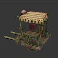 Wooden Cart Building With Yellow And White Striped Awning And Wooden Support Beams