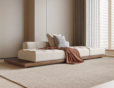 Beige Sectional Sofa with Wooden Base Pillows Blanket and Neutral Rug by Window Blinds 3d model