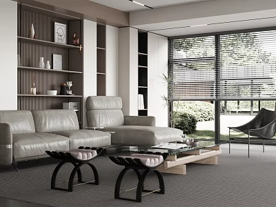 Modern Living Room Interior With Light Gray Leather Sofa Glass Coffee Table And Large Windows 3d model