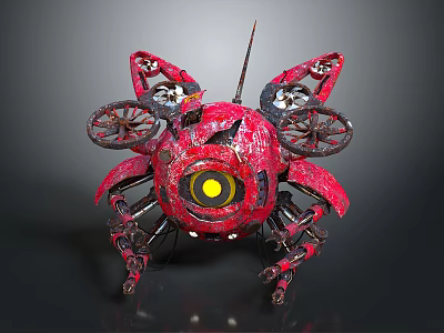 Red Mechanical Spider Sculpture With Large Yellow Eye And Metal Wheels 3d model
