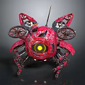 Red Mechanical Spider Sculpture With Large Yellow Eye And Metal Wheels