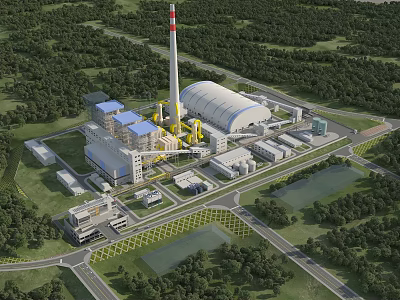 Modern Industrial Plant Surrounded By Greenery With Tall Chimney And Multiple Buildings 3d model