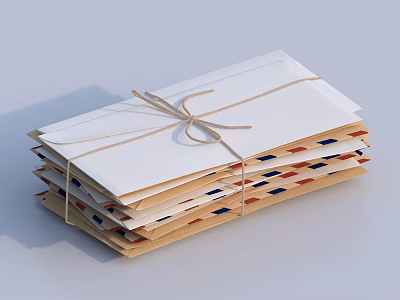 Stacked Twine Bound Decorative Envelopes Ornament Set with White Brown Red Blue Stamp Patterns 3d model