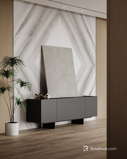 Modern Entryway Side Cabinet With Geometric Pattern Wall And Potted Plant 3d model