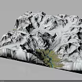 Detailed 3D Terrain Model With Snowy Mountains And Flowing River Landscape