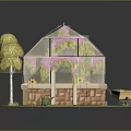 Glass Greenhouse Building with Pink Accents Vines Brick Base near Hay Bales Sunflowers in Grass