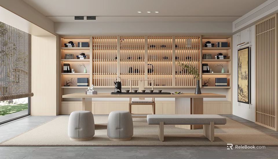 Japanese Style Tea Room Interior With Wooden Bookshelves Tea Sets And Beige Cushions 3d model 