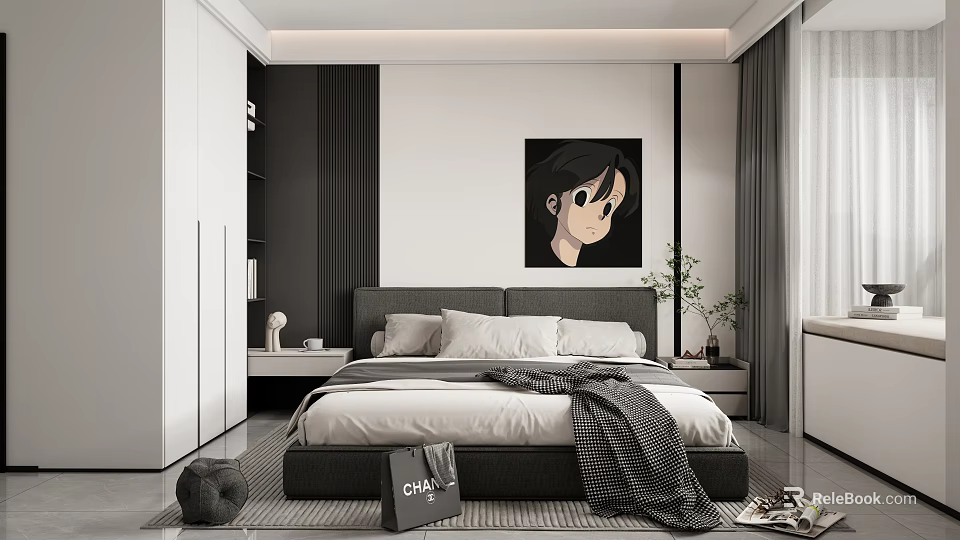Modern Bedroom Interior Design With Cozy Bed Wall Art Nightstand Wardrobe And Curtains 3d model 