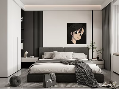 Modern Bedroom Interior Design With Cozy Bed Wall Art Nightstand Wardrobe And Curtains 3d model