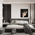 Modern Bedroom Interior Design With Cozy Bed Wall Art Nightstand Wardrobe And Curtains