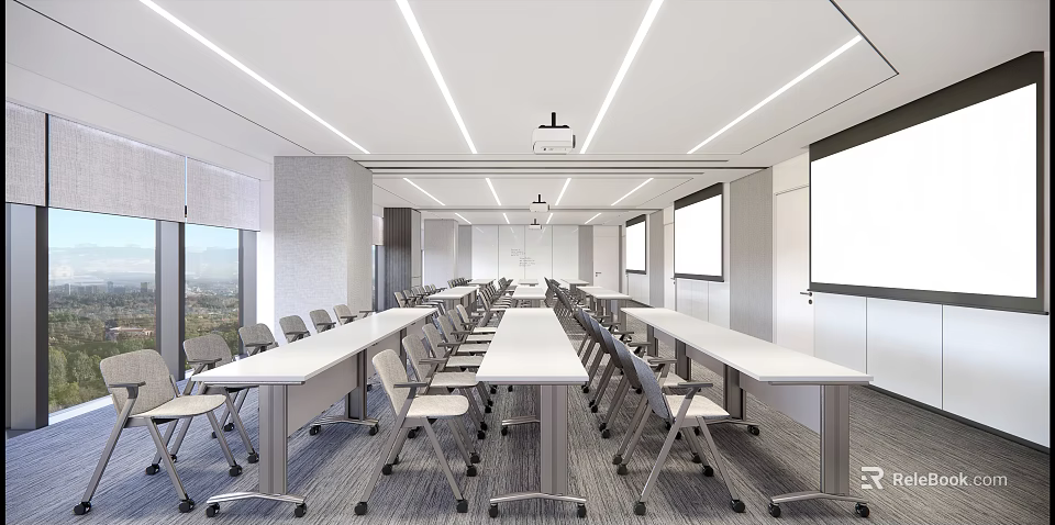 Modern Bright Meeting Room Interior With Long Tables Chairs Projector And White Screens 3d model 