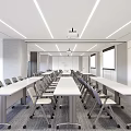 Modern Bright Meeting Room Interior With Long Tables Chairs Projector And White Screens
