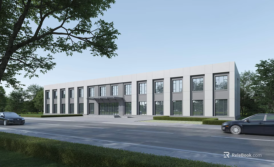 Modern School Building With White Exterior Many Windows Entrance Road In Front And Trees Nearby 3d model 
