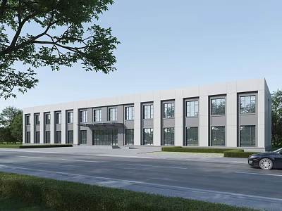 Modern School Building With White Exterior Many Windows Entrance Road In Front And Trees Nearby 3d model