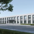 Modern School Building With White Exterior Many Windows Entrance Road In Front And Trees Nearby