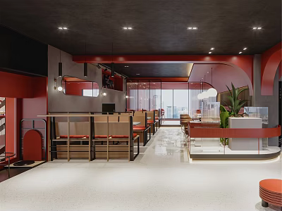Modern Red Restaurant Interior Design With Booth Seats Counter Plants And Lighting 3d model