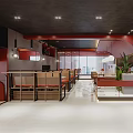 Modern Red Restaurant Interior Design With Booth Seats Counter Plants And Lighting