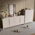 Modern White Console Cabinet And Side Cabinet With Decorative Items Potted Plant And Striped Rug