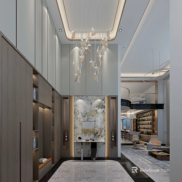 Modern Basement Interior With Open Layout Storage Cabinets Marble Wall And Chandelier 3d model