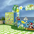 Vibrant Cartoon Spring Decoration Scene with Cute Characters Flowers and Greenery