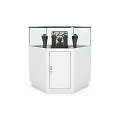 Jewelry Display Case with Glass Top and Wooden Cabinet Featuring Black Mannequins and Decorative Object