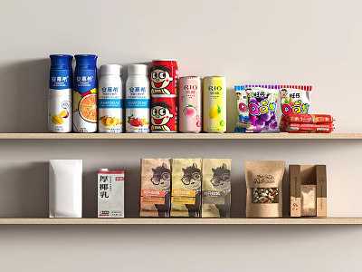 Variety of Food Products Including Canned Drinks Packaged Snacks Flour and Nuts on Wooden Shelves 3d model