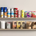 Variety of Food Products Including Canned Drinks Packaged Snacks Flour and Nuts on Wooden Shelves