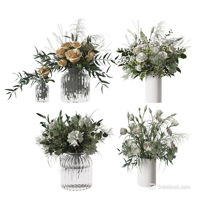 Elegant Vase Flowers With Transparent White Vases Green Leaves And Roses 3d model 