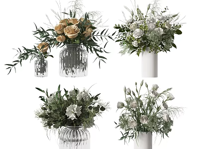 Elegant Vase Flowers With Transparent White Vases Green Leaves And Roses 3d model