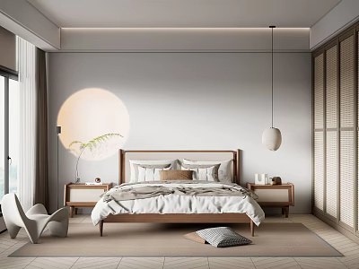 Minimalist Bedroom Interior Design With Wooden Bed Circular Wall Decor And Pendant Light 3d model