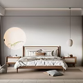 Minimalist Bedroom Interior Design With Wooden Bed Circular Wall Decor And Pendant Light