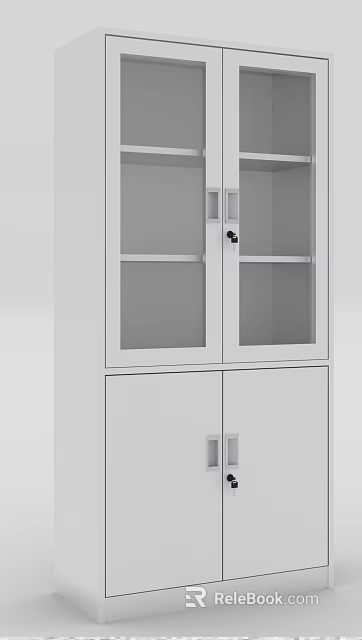 White Storage Cabinet With Glass Doors Metal Lock And Closed Lower Compartments 3d model 