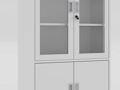 White Storage Cabinet With Glass Doors Metal Lock And Closed Lower Compartments 3d model