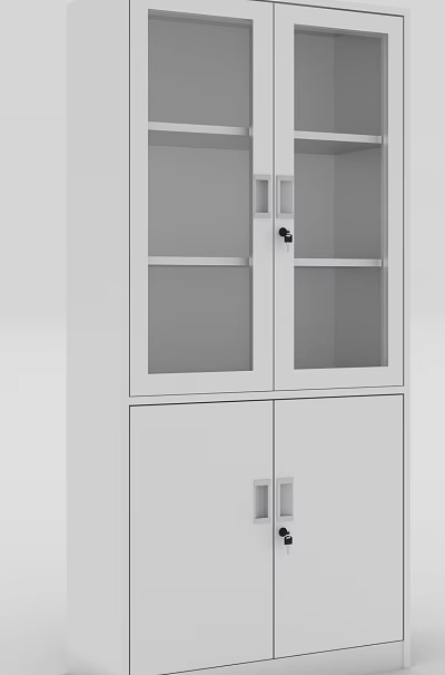 White Storage Cabinet With Glass Doors Metal Lock And Closed Lower Compartments 3d model