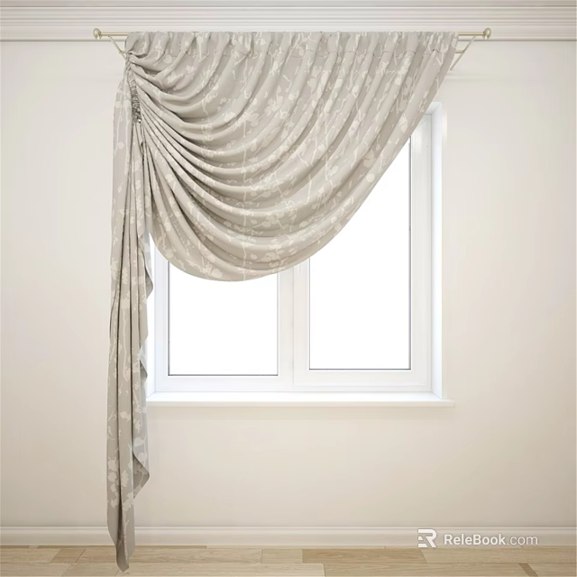 Light Gray Patterned Pleated Curtains Valance Style Hanging On Window Interior 3d model 