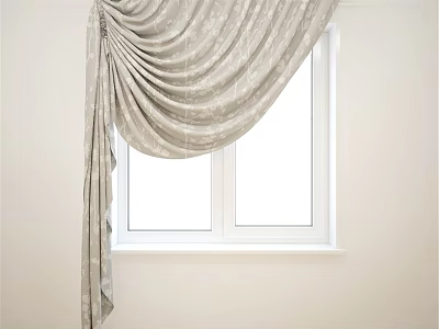 Light Gray Patterned Pleated Curtains Valance Style Hanging On Window Interior 3d model