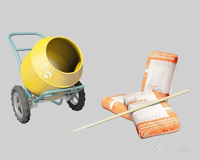 Heavy Duty Industrial Construction Equipment Featuring Yellow Cement Mixer Cement Bags and Wooden Shovel for Construction 3d model 