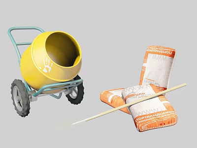 Heavy Duty Industrial Construction Equipment Featuring Yellow Cement Mixer Cement Bags and Wooden Shovel for Construction 3d model