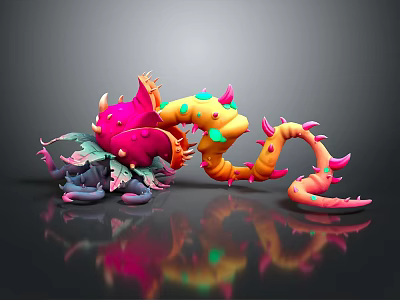 Colorful 3D Fantasy Monster Game Movie Character with Pink Yellow Body Spikes and Tentacles 3d model