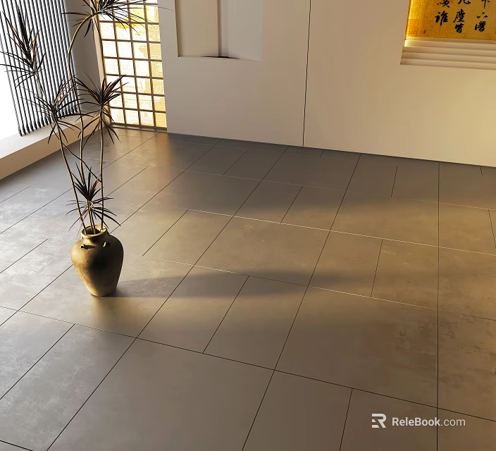 Modern Indoor Floor Tiles With Natural Light And Decorative Vase In Spacious Area 3d model 